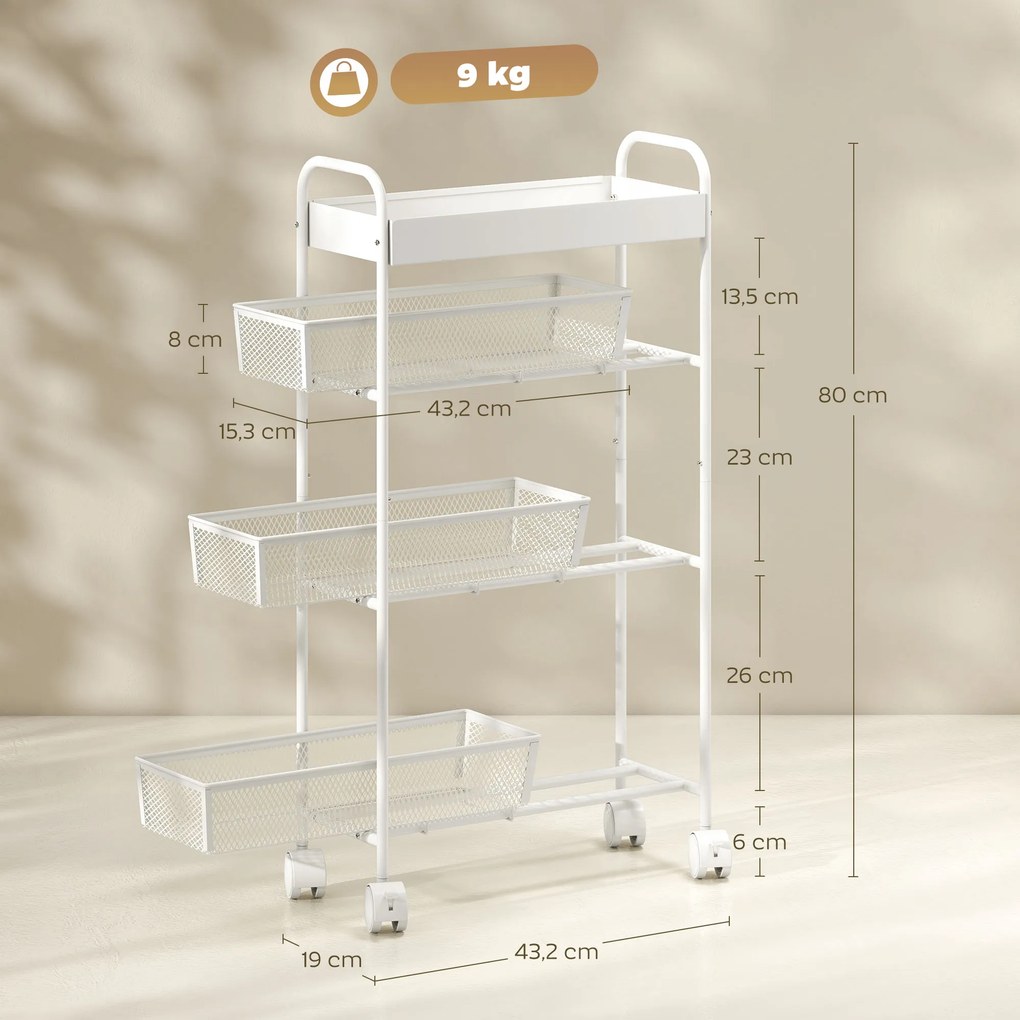 HOMCOM Wózek kuchenny metalowy, 3 kosze, wąski design, 4 koła, do kuchni, salonu, łazienki, biały