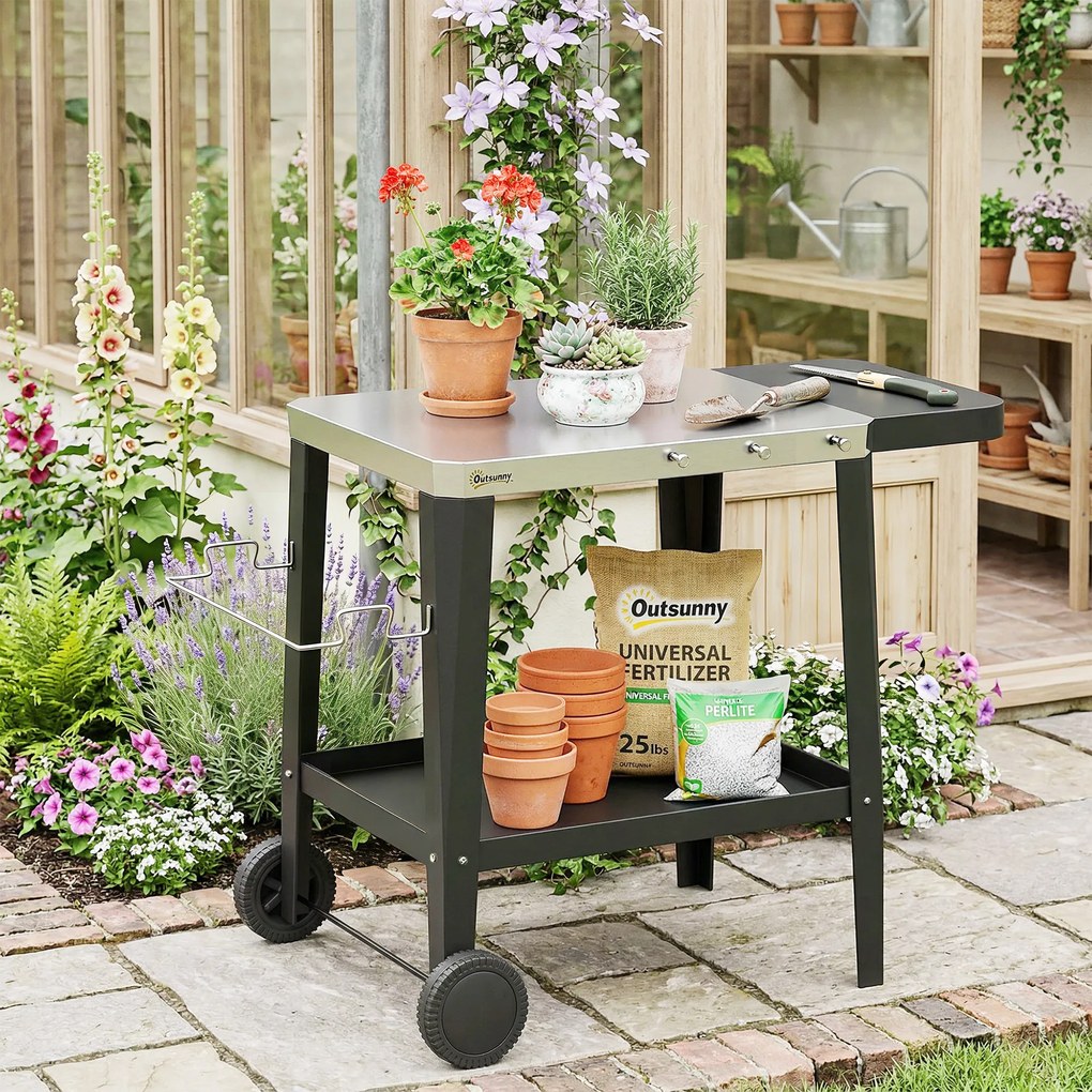 Outsunny Wózek kuchenny na kółkach, serwujący wózek z haczykami, uchwyt na ręczniki, stojak na worki na śmieci, stal nierdzewna, 115 x 67,5 x 80,5 cm, czarny | Aosom PL