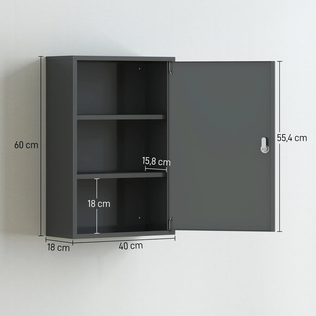 kleankin Wisząca szafka na leki, szafka łazienkowa z 3 półkami, 2 kluczami, 40 x 18 x 60 cm, szary | Aosom PL