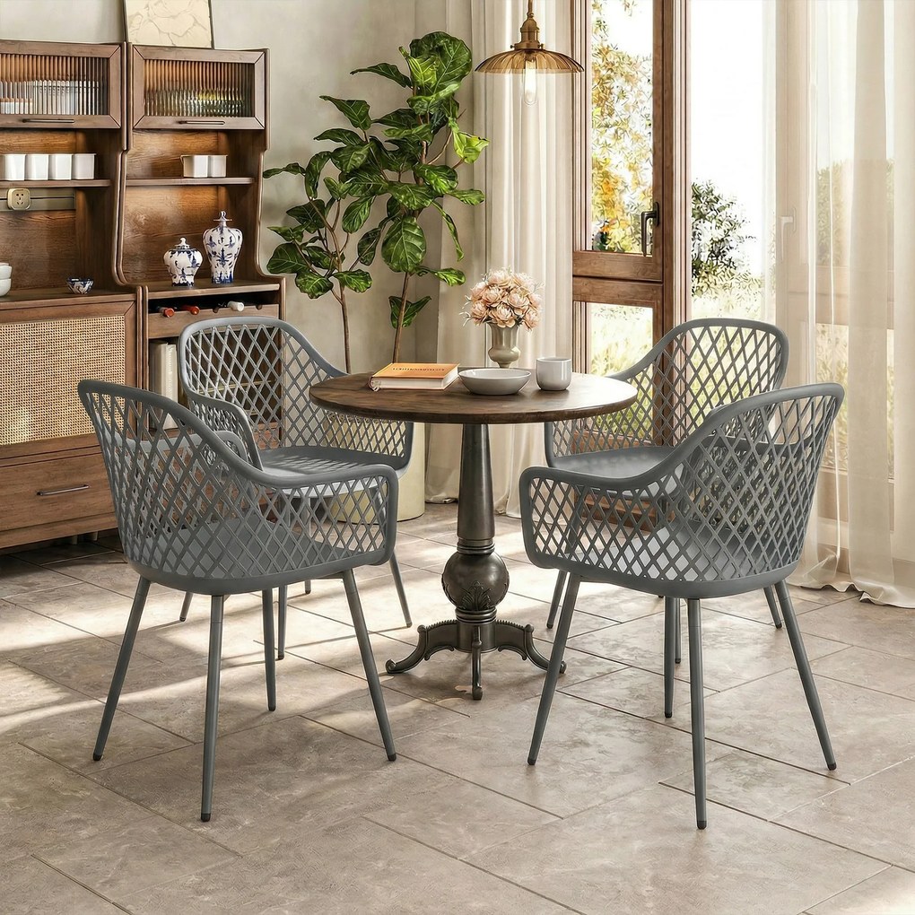 Outsunny Zestaw 4 krzeseł ogrodowych odporne na UV z tworzywa, z podłokietnikami i oparciami, 56 x 51 x 84 cm, ciemnoszare | Aosom PL