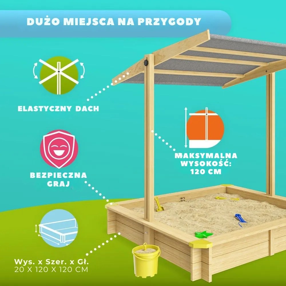 Piaskownica z baldachimem SANDY, drewno świerkowe, 120x120x120cm Jurhan