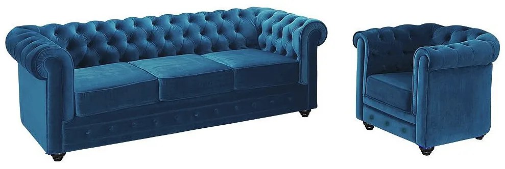 Kanapa 3-osobowa i fotel CHESTERFIELD - Welur w odcieniu morskim