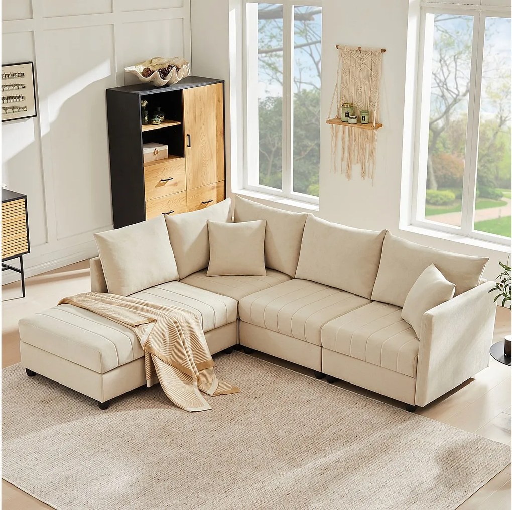 Modułowy zestaw wypoczynkowy 5-osobowy - 220 x 194 x 85 cm - z rozkładanym podnóżkiem - bawełna i len - beżowy
