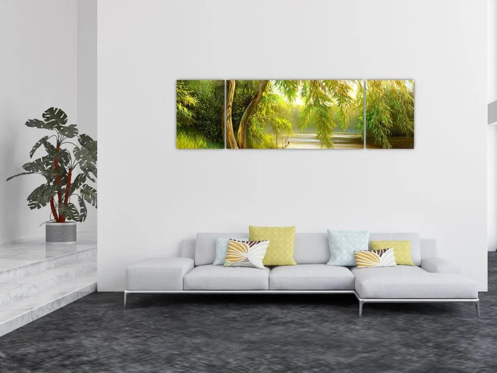 Obraz - Wierzba nad jeziorem, obraz olejny (170x50 cm)