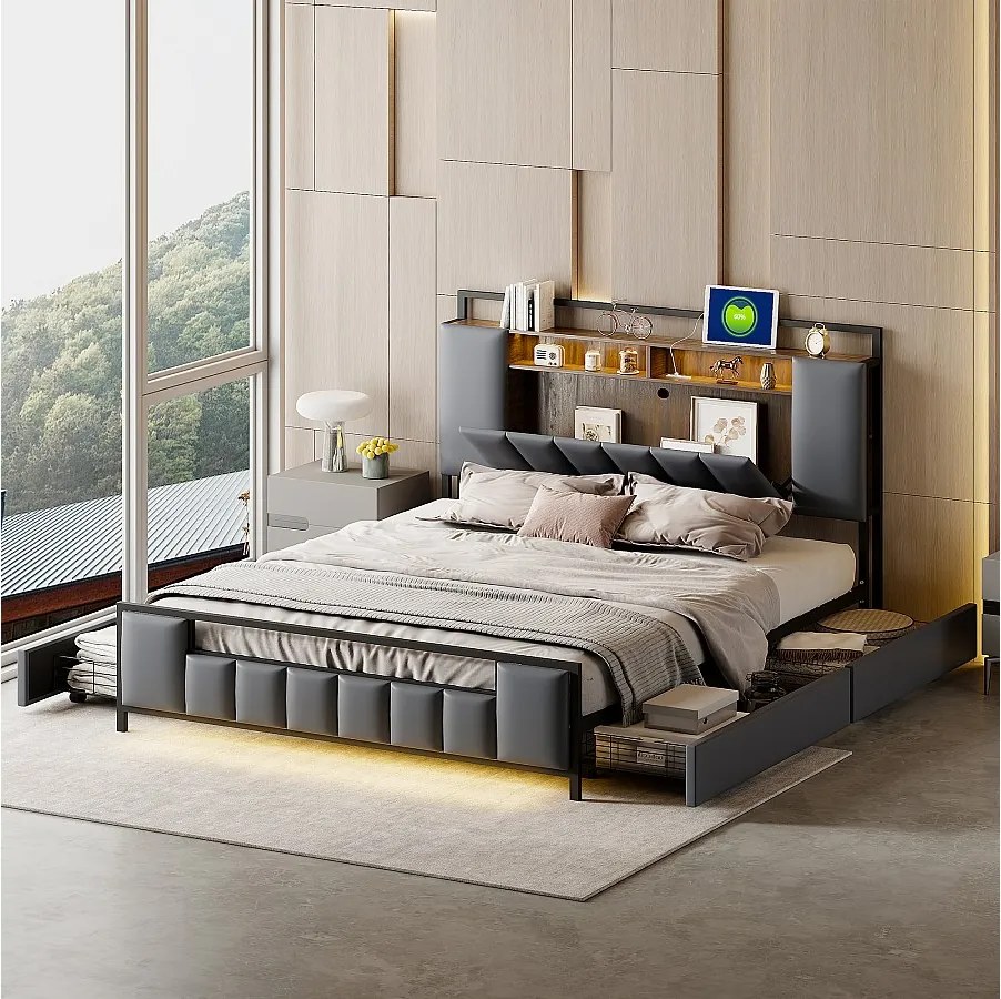 Łóżko tapicerowane 160 x 200 cm z 4 szufladami - LED + port USB - Metal i skóra ekologiczna - Szare