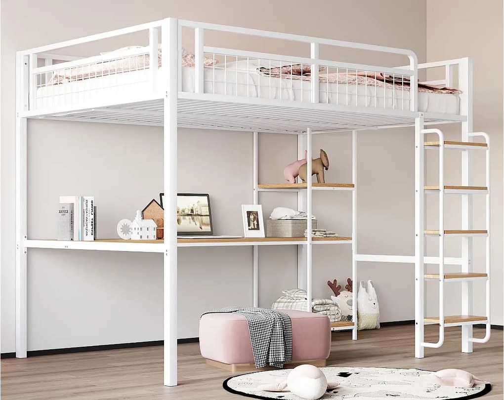 Łóżko mezzanine metalowe 140x200 cm - z biurkiem i drabiną bezpieczeństwa - Białe