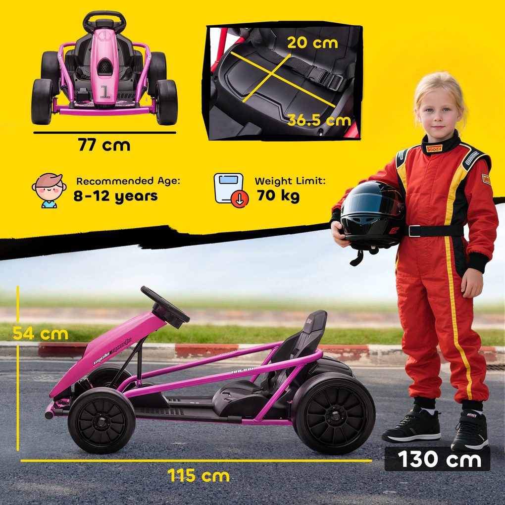 HOMCOM 24 V Elektryczny gokart dla dzieci do 13 km/h Gokart z funkcją driftu, drift-kart z 2 silnikami dla 8–12 lat Różowy | Aosom PL