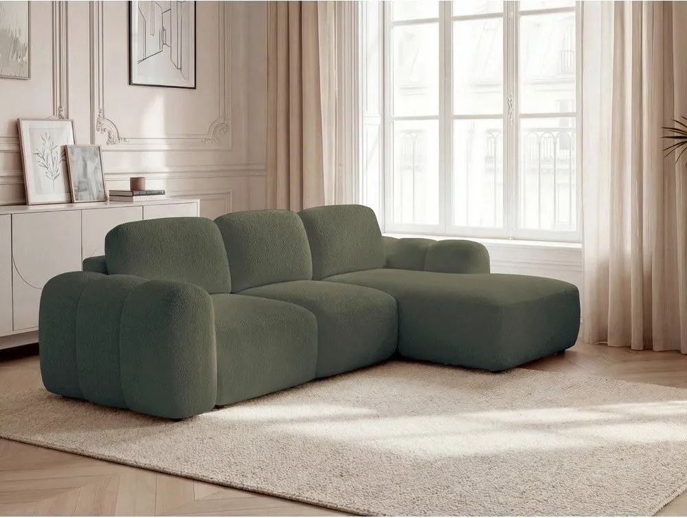 Zielony rozkładany narożnik z materiału bouclé ze schowkiem (prawostronny/z szezlongiem) Montaigne – Bobochic Paris