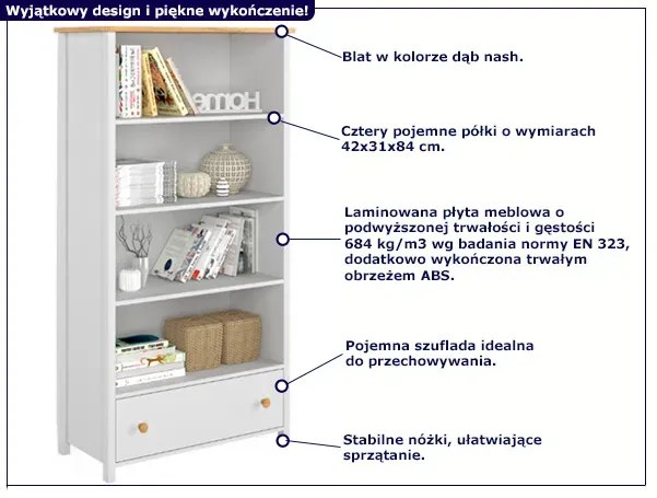 Biały skandynawski regał z szufladą i półkami - SO-02