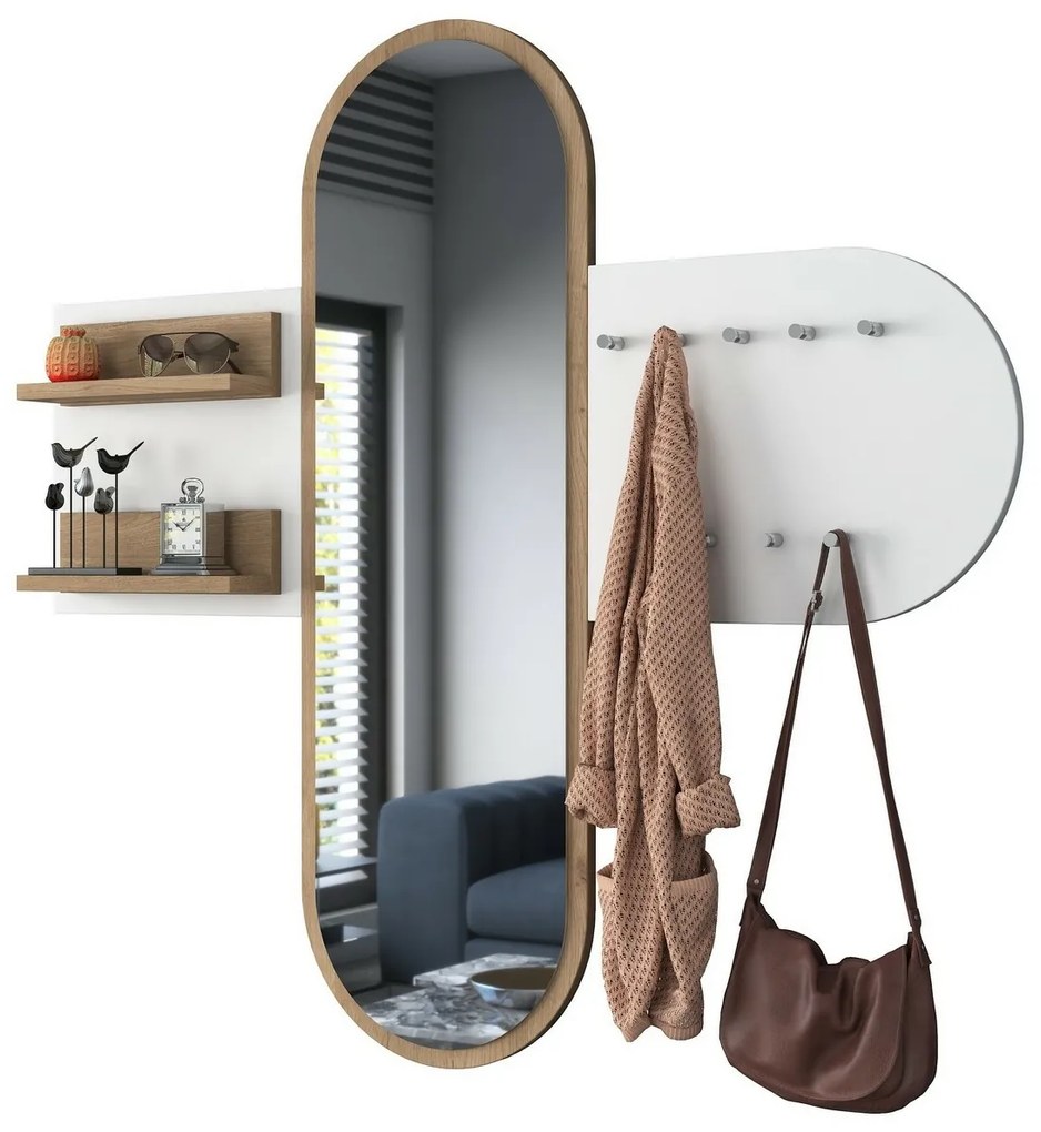 Wieszak ścienny z lustrem Pomi White and Walnut