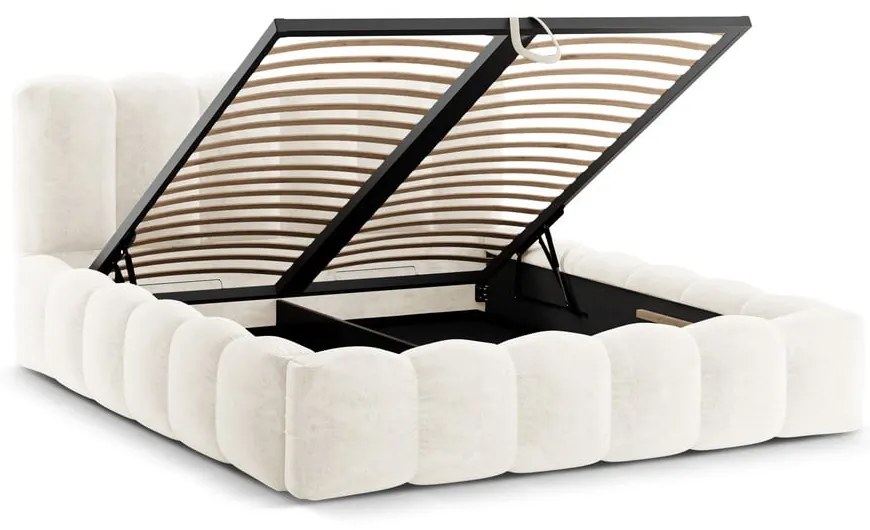 Kremowe tapicerowane łóżko dwuosobowe ze schowkiem ze stelażem 200x200 cm Lupine – Micadoni