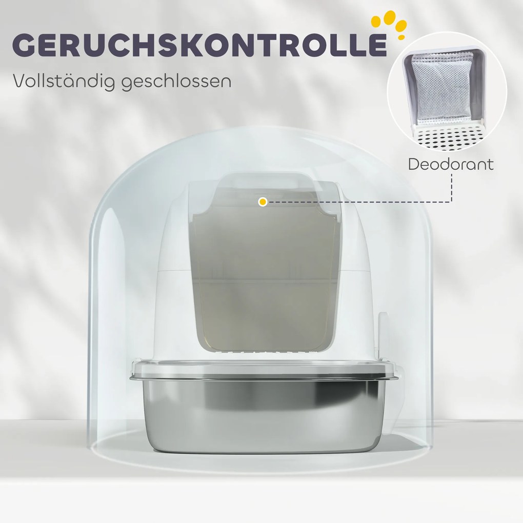 PawHut Kuweta ze stali nierdzewnej z pokrywą, toaleta dla kota z wanną, łopatka do żwirku, dla kota do 5 kg, 52,4 x 41,3 x 42 cm, Biały | Aosom PL