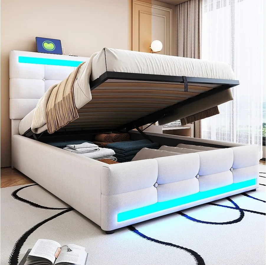 Łóżko tapicerowane ze schowkiem - 90 x 200 - schowek hydrauliczny - z USB + LED - len + sklejka + MDF - beż