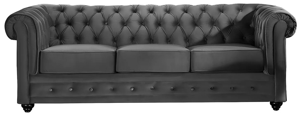 Kanapy 3-osobowa i 2-osobowa oraz fotel z antracytowego weluru CHESTERFIELD