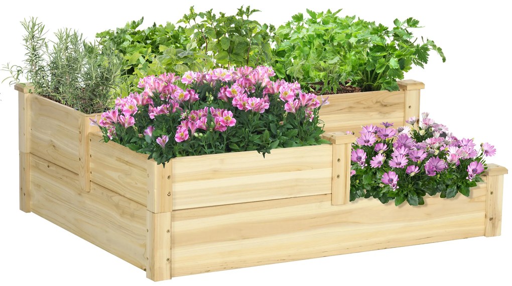 Outsunny Łóżko Ogrodowe 3-Stopniowe Drewniane Schodki na Rośliny Balkonowe Wysokie Łóżko Świerkowe | Aosom PL