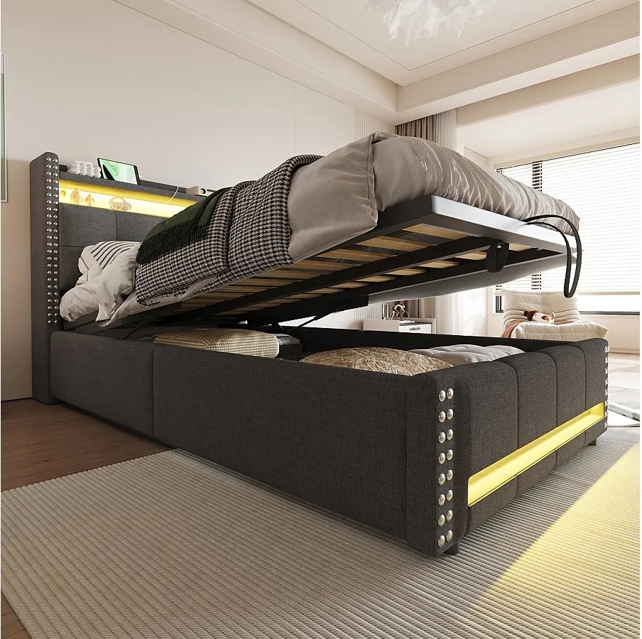 Tapicerowane łóżko ze schowkiem dla dzieci - 90 x 200 cm - z diodami LED + USB + zagłówek ze schowkiem - len + metal + sklejka + MDF - szary