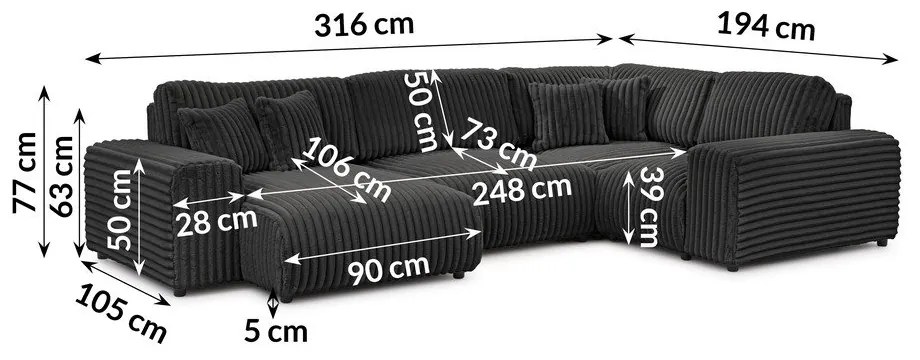Ciemnoszary sztruksowy narożnik (prawostronny/w kształcie litery U) Justin – Ropez
