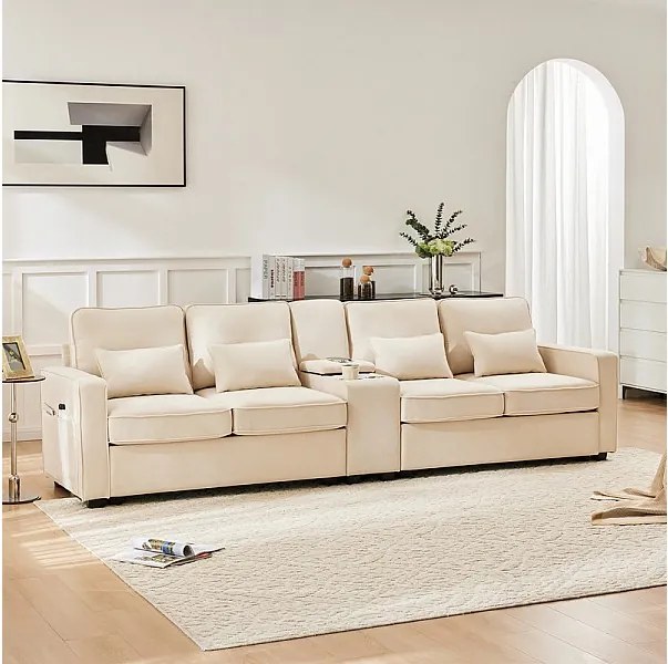 Nowoczesna sofa 4-osobowa z tkaniny lnianej - z USB i uchwytem na kubek - 4 poduszki - 290x83x88cm - Beżowy