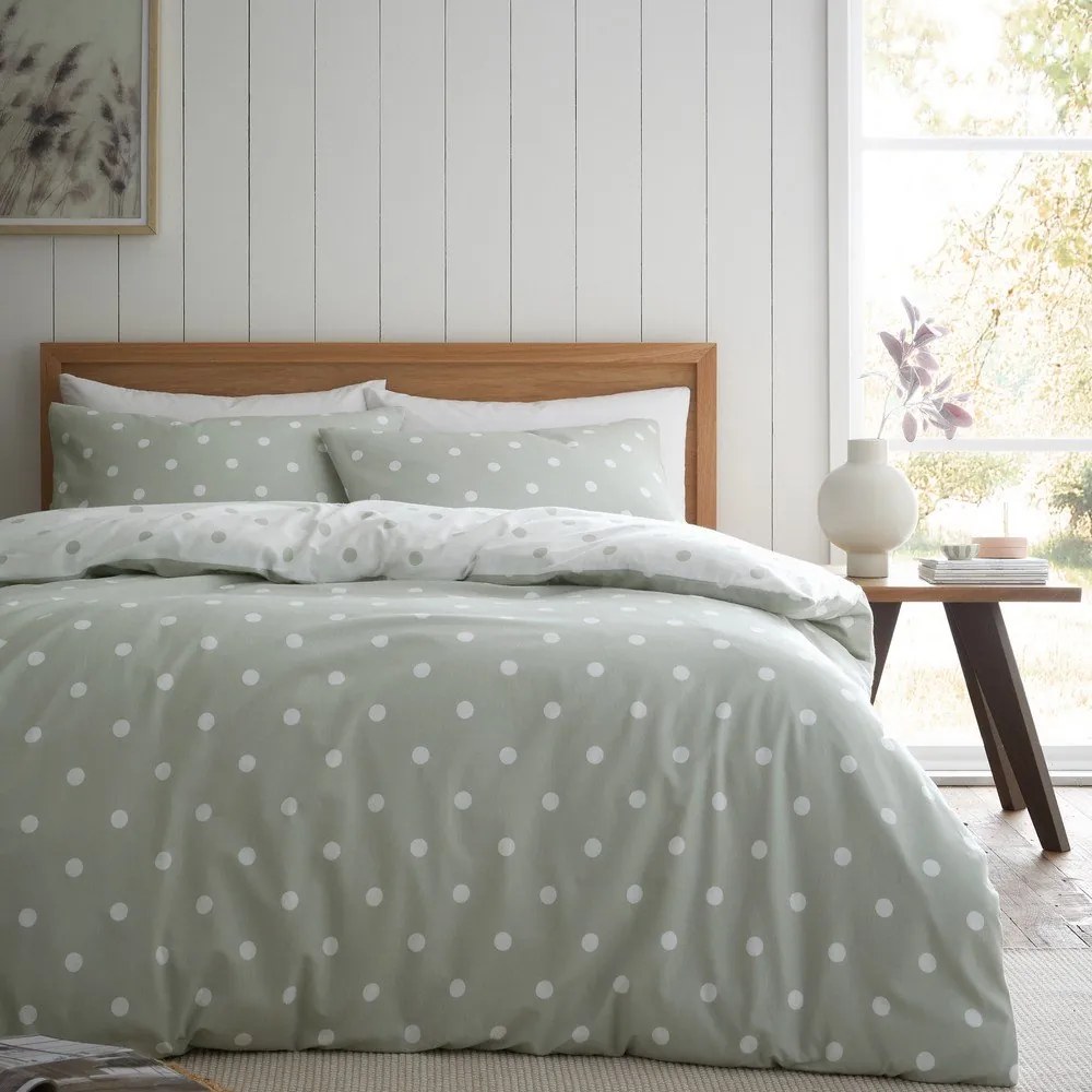 Biało-zielona flanelowa pościel dwuosobowa 200x200 cm Polka Dot – Catherine Lansfield