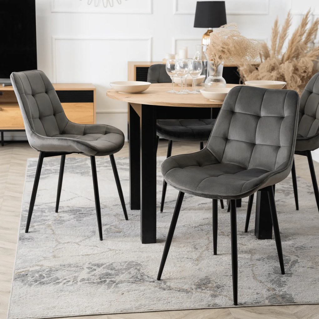 Zestaw Stół Okrągły Rozkładany HARRY 102-142 cm Dąb Artisan/Czarny i 6 Krzeseł Tapicerowanych CHRIS Szarych Nowoczesnych