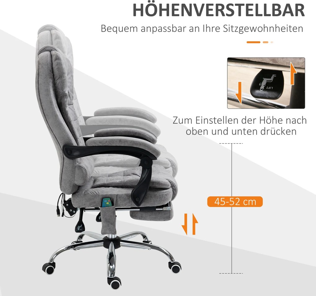 Vinsetto Fotel biurowy z masażem, ergonomiczny fotel biurowy z funkcją leżenia i ogrzewania, pilot, szary