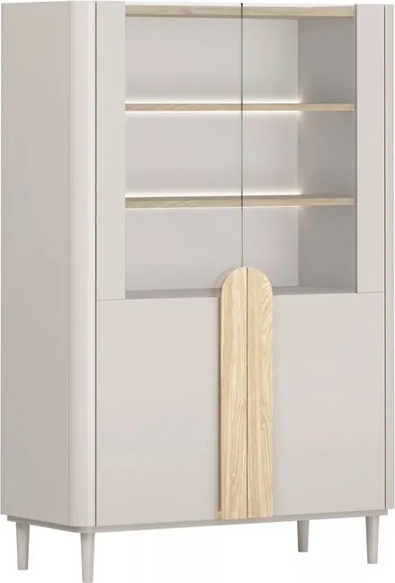 Witryna Amilio 100 cm dwudrzwiowa na nóżkach - kaszmir / dąb olejowany / uchwyty dąb jasny
