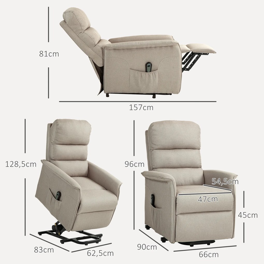 HOMCOM Fotel relax z elektryczną pomocą wstania, regulowalne oparcie/podnóżek, do 120 kg, 66 x 90 x 96 cm, Kolor beżowy