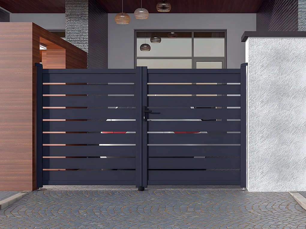 Brama wjazdowa rozwierna PRIMO, ażurowa, z aluminium w kolorze antracytowym – 300 × 176 cm (szer. × wys.)
