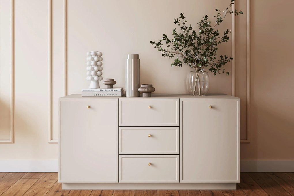 Komoda Lorini 150 cm z szufladami - kaszmir / złote uchwyty