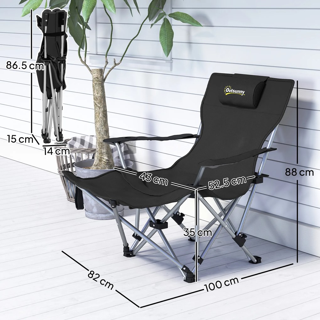 Outsunny Zestaw 2 składanych krzeseł kampingowych z odpinanym podnóżkiem, podgłówkiem i uchwytem na napoje, nośność 120 kg, Czarne