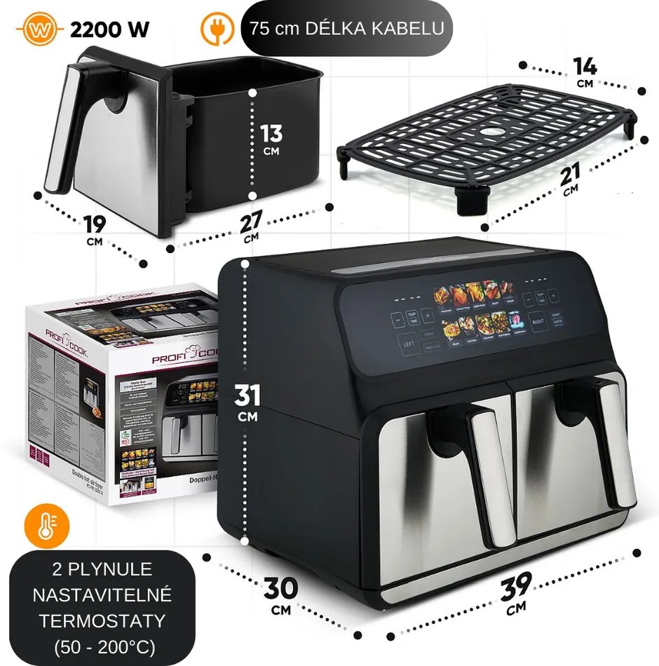 ProfiCook FR 1287 H podwójna frytownica na gorącepowietrze, 8 l