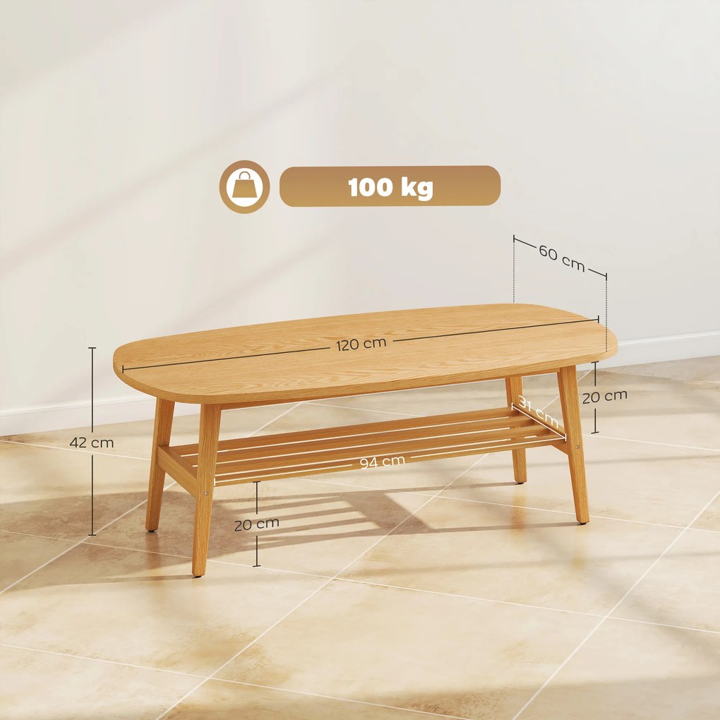 HOMCOM Stolik kawowy z półką, stolik pomocniczy do salonu i sypialni, 120 x 60 x 42 cm, naturalne drewno | Aosom PL