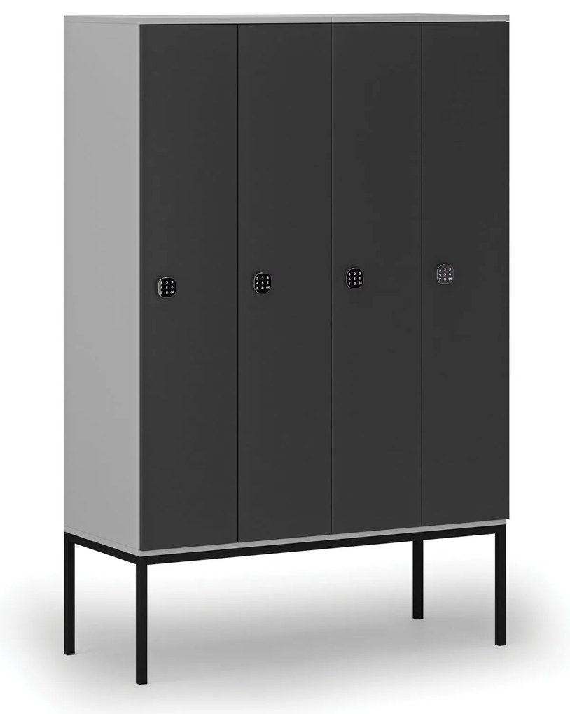 Drewniana szafa ubraniowa S4 z podstawą, 4-drzwiowa, 1871 x 1200 x 500 mm, demontaż, zamek kodowy, szary/grafitowy