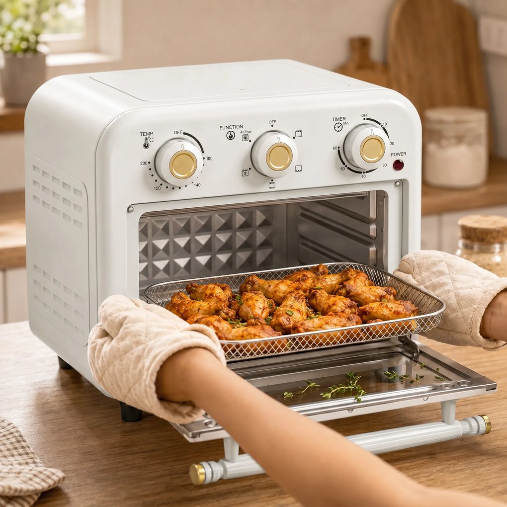 HOMCOM Frytkownica na gorące powietrze 12 l Mini piekarnik z termoobiegiem, 5 programów, blacha i kosz, 1200 W, nadaje się do zmywarki | Aosom PL