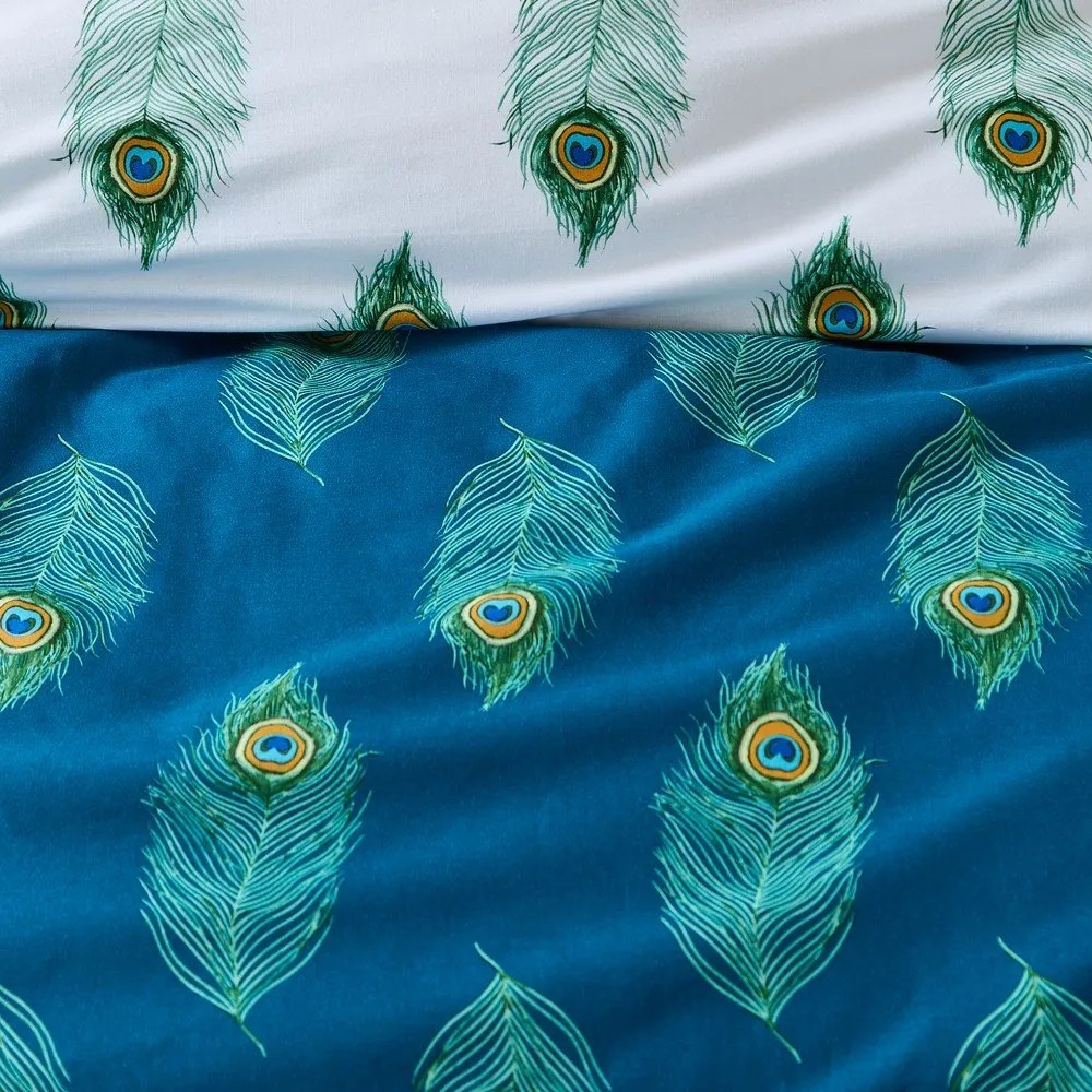Biało-zielononiebieska bawełniana pościel dwuosobowa 230x220 cm Peacock Feather – Their Nibs