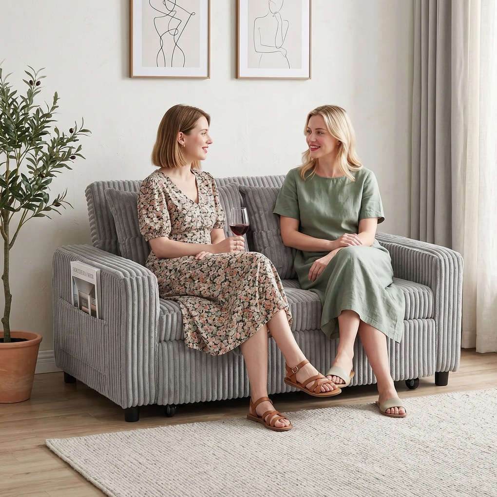 HOMCOM 2-osobowe łóżko-sofa, pokrycie sztruksowe, przekształcalne w sofę rozkładaną, 2 poduszki, kieszenie boczne, 157 x 190 cm, Jasnoszary | Aosom PL