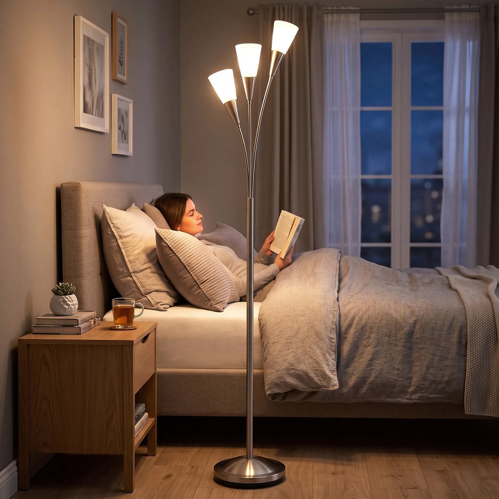 HOMCOM Lampa stojąca do salonu 40 W z włącznikiem nożnym, 3 x oprawka E14 do sypialni, biura, bez żarówek, srebrna | Aosom PL