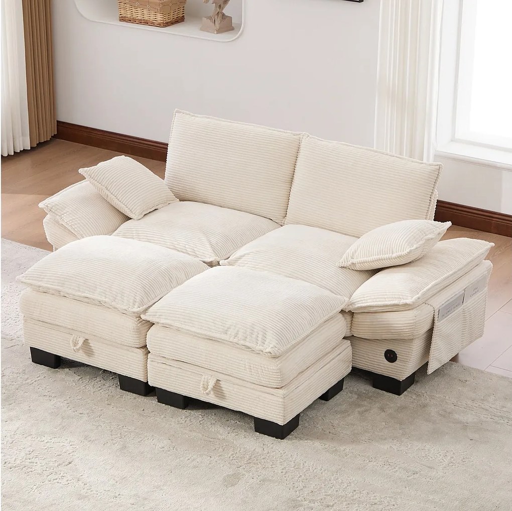 Dwuosobowy zestaw wypoczynkowy z tkaniny sztruksowej - 190 x 132 x 84 cm - z 2 pufami ze schowkiem + port USB + kieszenie - beżowy