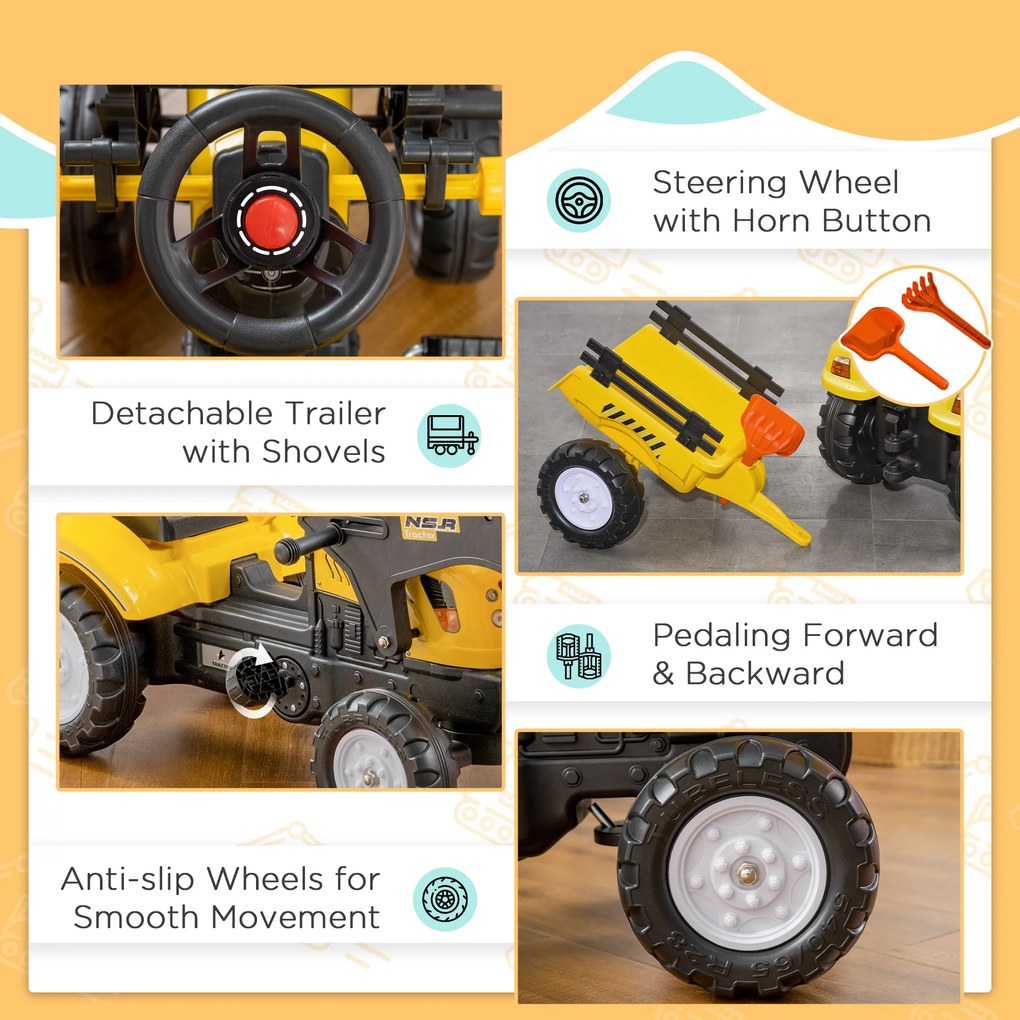 HOMCOM Dziecięcy ładowacz, sterowalny ładowacz czołowy, od 3 lat, napęd na pedały, Żółty/Czarny