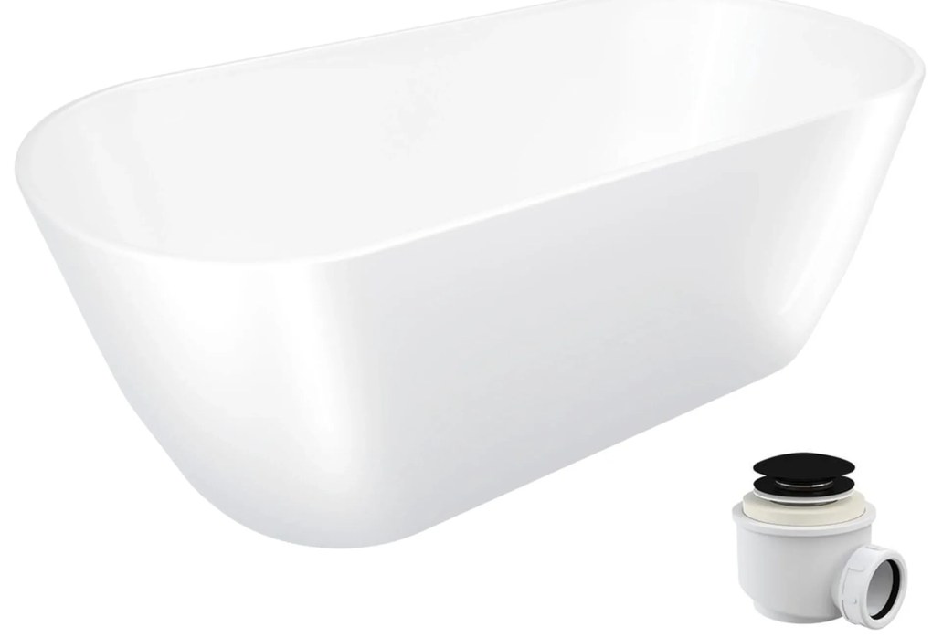 Wanna wolnostojąca VALO owalna biała z konglomeratu 165 x 75 cm bez przelewu cienki rant | Różne kolory korków : Kolor korka - Czarny