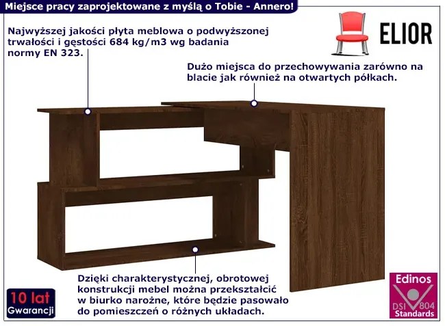 Biurko do nauki i pracy z obrotową konstrukcją brązowy dąb - Rakas