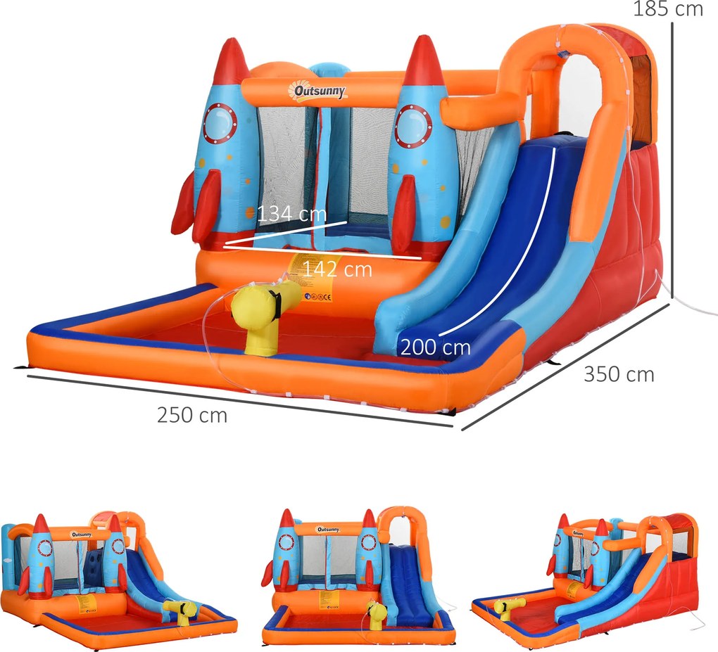 Outsunny Dmuchany Zamek ze Zjeżdżalnią dla 4 Dzieci - Świetna Zabawa od 3 do 10 lat, 350x250x185cm