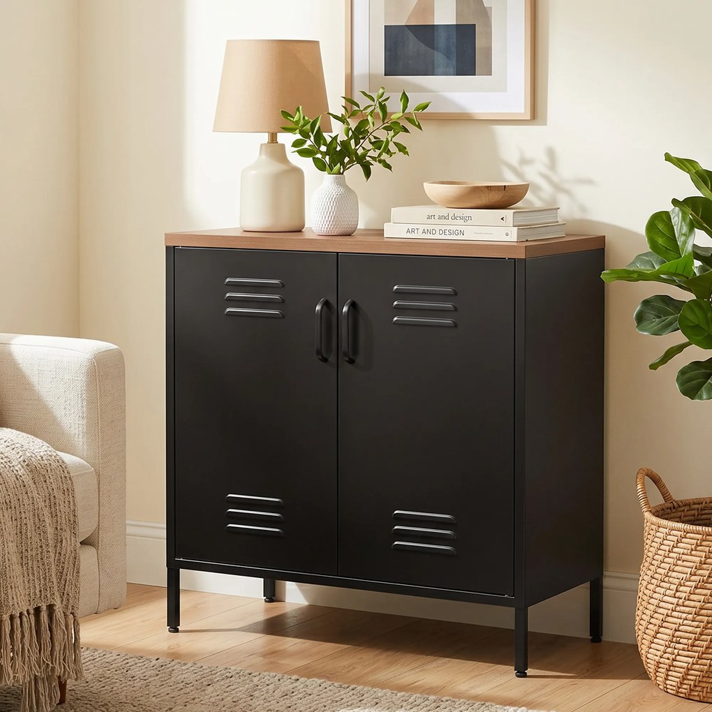 HOMCOM Metalowe sideboard, 80x40x80 cm, przemysłowa szafka do przechowywania z 2 drzwiami i regulowaną półką do salonu, biura, Czarny | Aosom PL
