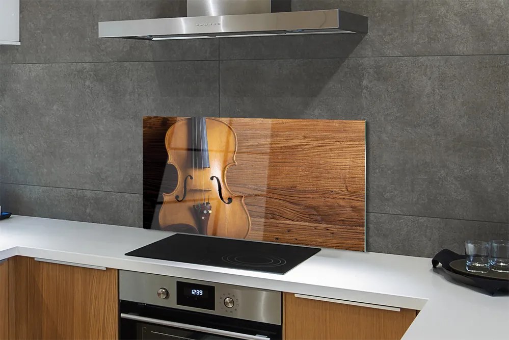 Szklany Panel Skrzypce na Rustykalnym Drewnie