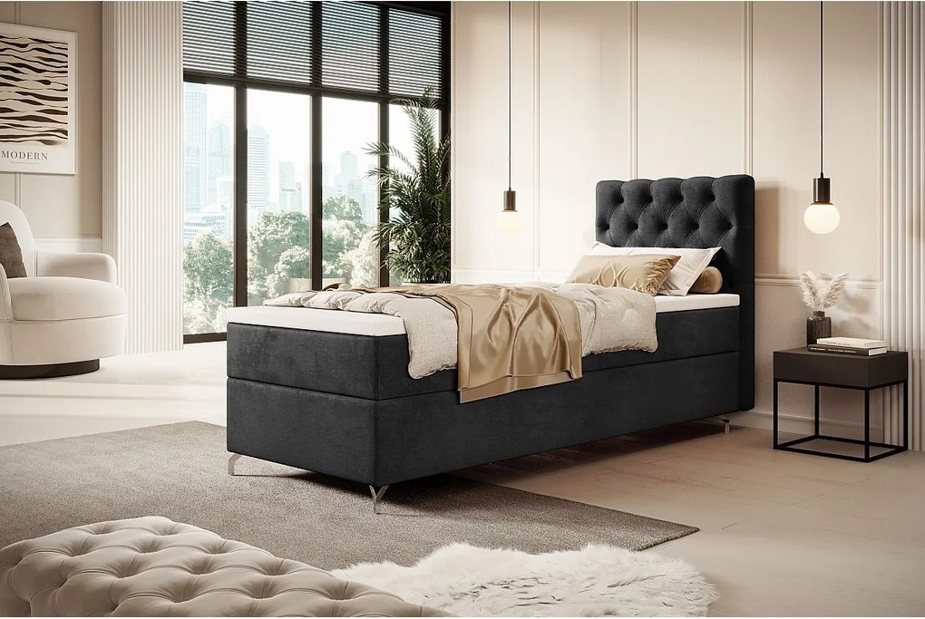 BOXBETT CHESTER 90x200 Monolith 97 z materacem H3 i topperem łóżko z pojemnikiem, pojedyncze, hotelowe, do sypialni, ze schowkiem