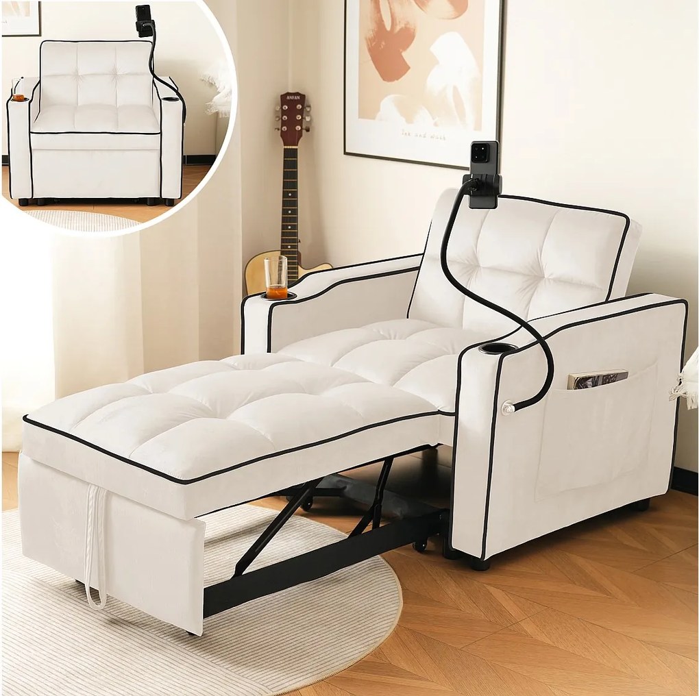 Sofa rozkładana, beżowy aksamit, pojedyncza sofa z uchwytem na kubek i telefon, odpowiednia do salonu i sypialni