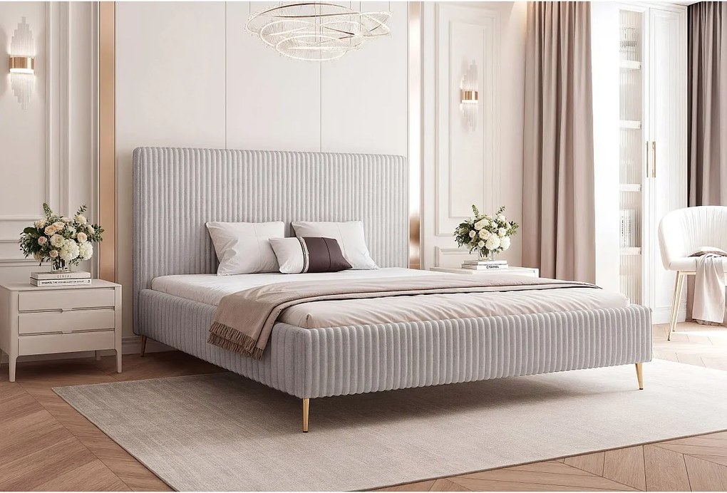 BESILIO Łóżko do sypialni 160x200 Vienna II - Łóżko z pojemnikiem, łóżko slim, wysokie złote nogi, stelaż listwowy - Tkanina miękki sztuks - Jasnoszary