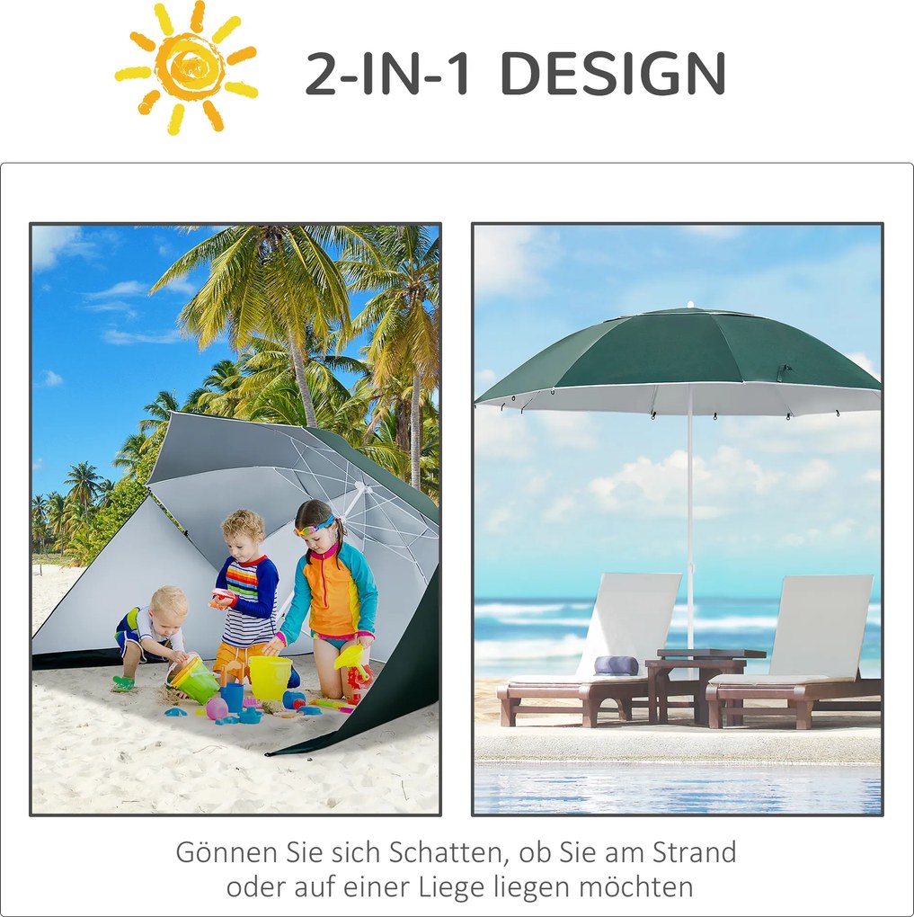 Outsunny Parasol Plażowy 2w1 z Osłoną Wiatrową Namiot Plażowy Ciemnozielony Φ210xH222cm | Aosom PL