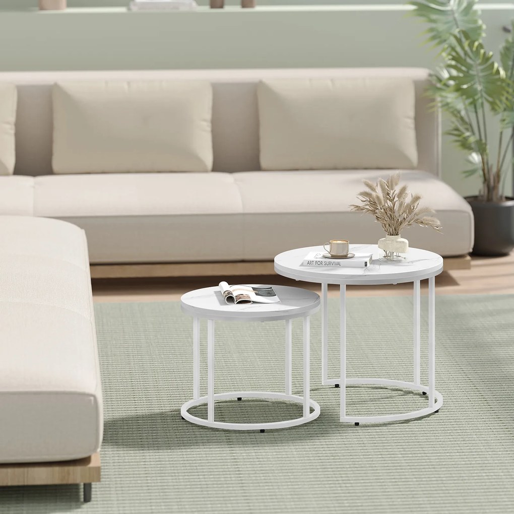 Stolik kawowy okrągły 2szt - marmur / nogi białe