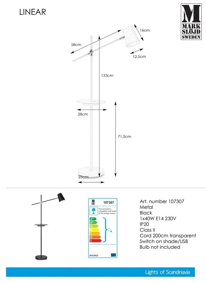 Czarna lampa stojąca z półką Markslöjd Linear